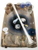 A tall art glass square section vase, paperweights, goblets, etc.