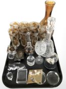 A clear and amber flash cut glass vase and six matching high ball glasses,