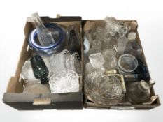 A group of pressed glass decanters, bowls, Royal Copenhagen blue glass fruit bowl, etc.