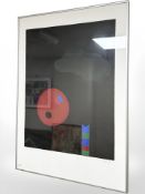 A continental lithographic abstract print, indistinctly signed, 49 cm x 69 cm.