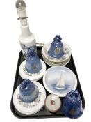 A Royal Copenhagen porcelain lamp base, Bing & Grondahl bells, collectors plates, etc.