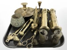 A pair of brass wall oil lamps, chamber stick, letter knife,