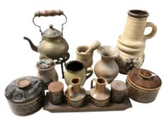 A group of Hornsea pottery, a brass kettle on stand, wooden pestle and mortar, West German jug, etc.