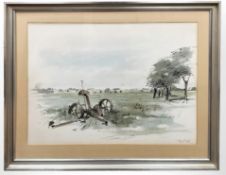 A continental watercolour depicting farmland, signed in pencil, 77 cm x 55 cm.