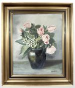 J Debois : Still life with tulips, oil on canvas, 32 cm x 39 cm.