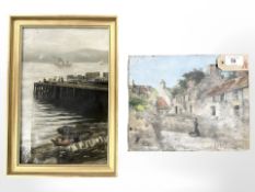 L S Woodburn : Street Scene with Lady Carrying a Basket, oil on canvas, 20 cm x 26 cm, unframed,