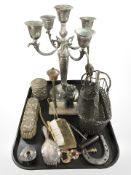 An ornate EPNS candelabrum, basket, vintage corkscrew, dressing table brushes,