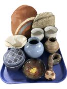 A group of Scandinavian studio pottery wares, vases, shallow bowl, figure of a snake.