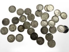 A group of Victorian and later silver three pence pieces, mixture of 0.925 and .500 silver.