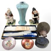 A pair of Staffordshire figures of a cobbler and wife, a high waisted turquoise vase,