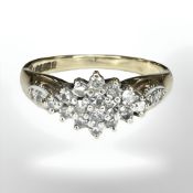A 9ct gold diamond cluster ring, the stated total diamond weight 0.