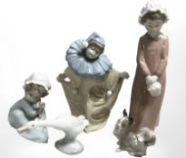 Five Lladro / Nao figures including children in night dress, goose and dog, tallest 26 cm.