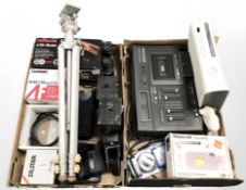 A Dolby CD500 stereo, vintage brownie and other cameras, two pairs of binoculars, Xbox 360 console,