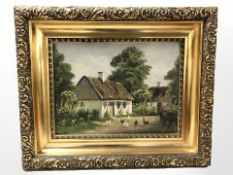 Continental School : Chickens in a yard outside thatched cottages, oil on canvas,