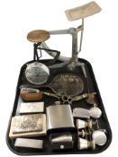A group of table lighters, mother of pearl mounted opera glasses, two reproduction pocket watches,