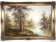 C Inness : A stream through woodland, oil on canvas, 59 cm x 90 cm.