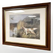 A continental colour print depicting gun dogs in a marshland, 37 cm x 28 cm.