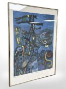 An abstract Danish colour print, indistinctly signed, 41 cm x 57 cm.