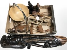 A group of African hardwood carvings, figurines, bowl, etc.