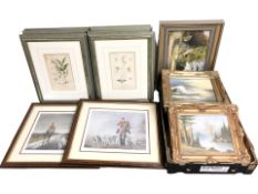 A collection of contemporary gilt framed oil paintings, botanical colour prints, etc.