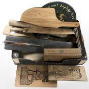 A group of treen including Scandinavian mangleboard with horse handle, wooden serving platters,