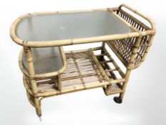 20th century wicker serving trolley with textured glass shelves,