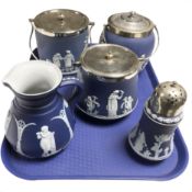 Three Wedgwood jasperware EPNS lidded biscuit barrels,