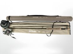A Sonik SK4 9'6'' four piece rod in cloth slip with carry tube and a Sonik SK4 reel with protective