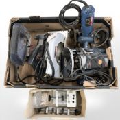 Power tools including Bosch router, Power Devil circular saw,