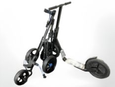 A Pro Rider folding golf bag cart and a Life Ryder off road child's scooter