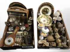 A quantity of cottage ornaments, ceramics, Ekco transistor, stainless tea wares, horse brasses,