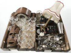 Assorted EPNS cutlery, hardwood mask, etched wine glasses, Deco mantle clock, wine opening set,