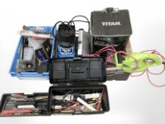An electric hedge trimmer, Clark and Titan water pumps, hand tools and hardware,