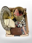 A brass framed mirror, bucket, razors, gent's travel sets,