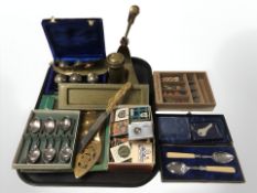Two sets of teaspoons, cased set of goblets, Victorian brass letter box, hallmarked silver key,