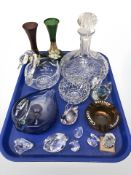 A ships decanter, painted glass vases, swan dishes,