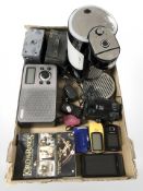 A Breville coffee maker, Sony digital radio, two vintage cameras, mobile phones, pair of binoculars,
