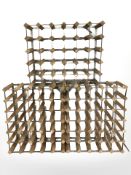 Three pine and galvanised metal wine bottle racks,