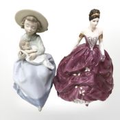 A Coalport figure 'Emma' numbered 4252/7500 and Nao figure of a girl holding a baby boy
