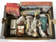 A group of vintage toys, teddy bears, viewmaster, battery operated remote control police car, etc.