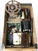 A brass stove, antique door locks and handles, glass bottles, recorder,