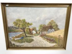 A Thorngaurd : A road leading towards cottages, oil on canvas, 110 cm x 81 cm.