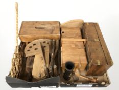 A collection of treen, Victorian walnut writing box, concertina sewing box, pine cracket,