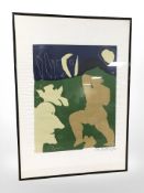 Continental School : Abstract figure in landscape, colour lithograph, indistinctly signed,