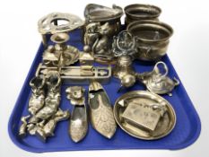 Assorted brass wares, pots, trivet stand, animal ornaments,