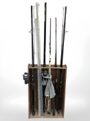 A group of fishing rods including Zebco, Steadfast silver surf 3.6m beach rod, Fladen power stick 3.