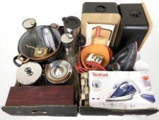 Assorted home wares, irons, cheese slicer,