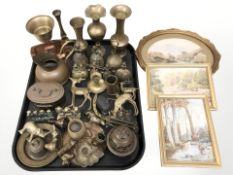 A collection of brass vases, ornaments, table bells,