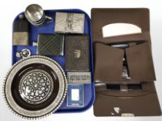 A group of hip flask, Indian mother of pearl inlaid plate and similar trinket box, lighter,