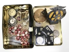 A group of folding knives, Crowns, AA badge, compact, Ingersoll and Smith pocket watches,